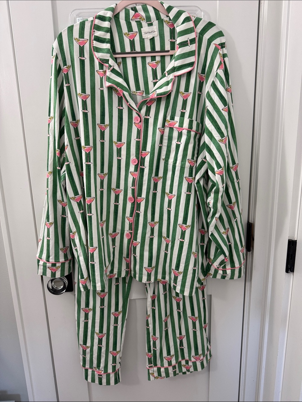 BedHead Green and White Striped Pajama Set with Pink Cocktail Print